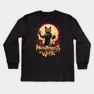 Meowtionless In White Kids Long Sleeve T-Shirt